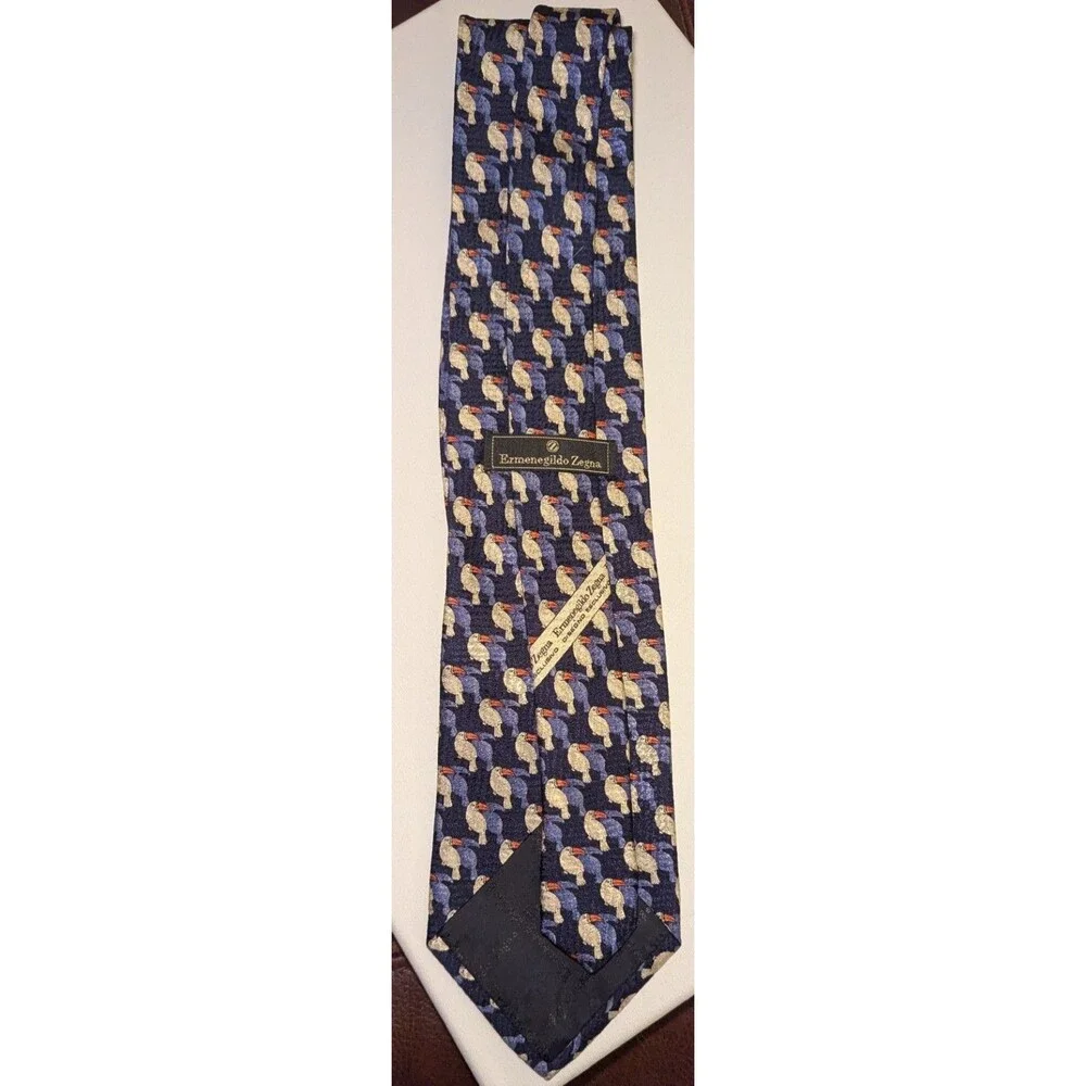 Ermenegildo Zegna Blue Toucan Silk Tie Made n Italy Luxury Designer Novelty Bird
